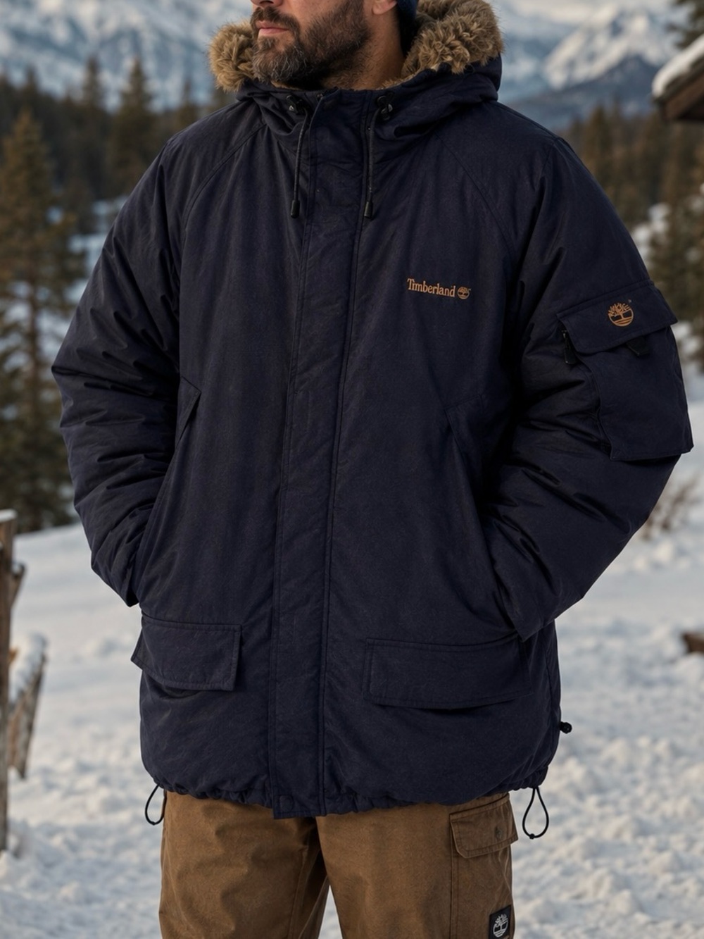 Timberland Men's Dark Navy Hooded Puffer Jacket with Faux Furs Trim XL